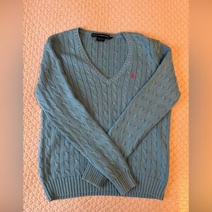 Polo by Ralph Lauren  Blue V-Neck Sweater with Pink Pony